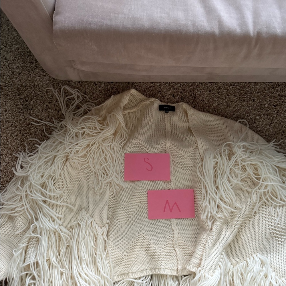 VICI Cream Fringe Open Knit Poncho Sweater